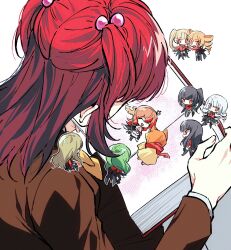 1boy 6+girls ako_(eanaaati1) animal_hood ascot asmodeus_(umineko) beelzebub_(umineko) belphegor_(umineko) black_dress black_hair black_shirt blonde_hair book brown_hair brown_jacket cat_hood chibi closed_eyes closed_mouth commentary crown dress drill_hair green_hair highres holding holding_hands holding_staff hood jacket leviathan_(umineko) long_hair long_sleeves looking_down lucifer_(umineko) mammon_(umineko) maria_(umineko) mini_crown multiple_girls necktie open_book open_mouth pink_ascot red_eyes red_hair red_scarf red_shirt sakutarou_(umineko) satan_(umineko) scarf shirt short_hair side_ponytail sidelocks sleeves_past_fingers sleeves_past_wrists staff stakes_of_purgatory symbol-only_commentary umineko_no_naku_koro_ni ushiromiya_ange ushiromiya_maria white_hair yellow_necktie