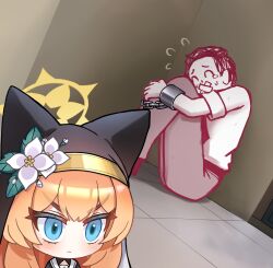 1boy 1girl :&lt; absurdres animal_ear_headwear black_jacket black_veil blue_archive blue_eyes blush cat_girl closed_mouth cuffs doodle_sensei_(blue_archive) fake_animal_ears flower gag hair_flower hair_ornament halo highres improvised_gag jacket long_hair mari_(blue_archive) meme orange_hair sailor_collar sensei_(blue_archive) shackles tape tape_gag th3cr0ma veil white_flower white_sailor_collar yellow_halo