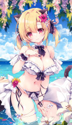 1girl animal_ear_fluff animal_ears bare_shoulders bikini black_bow black_bowtie blonde_hair blue_sky blush bow bowtie breasts cat_ears cat_tail cleavage closed_mouth cloud cloudy_sky collar detached_collar flower frills hair_flower hair_ornament highres large_breasts long_hair looking_at_viewer nanaroba_hana navel original outdoors pink_eyes ribbon sky smile solo stomach swimsuit tail water white_bikini wrist_cuffs