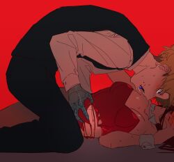 1boy 1girl black_suit bleeding blonde_hair blood blood_on_body blue_eyes blue_tongue blush brown_hair colored_tongue detached_collar formal_clothes from_side head_out_of_frame highres kneeling leaning_forward leotard looking_at_another lying mechanical_arms on_back on_ground open_mouth original par0llel red_leotard saliva saliva_trail slouching suit torn_clothes wrist_cuffs