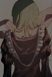 1girl aluce beatrice_(umineko) black_dress blonde_hair dress from_behind grey_background hair_down holding holding_unworn_clothes long_hair nude solo umineko_no_naku_koro_ni