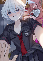 1boy 2girls aura black_shirt black_skirt black_sweater blue_archive blue_eyes blush bow bowtie breasts choker cleavage closed_eyes clothes_around_waist collarbone crossed_arms dark_aura demon_horns double_bun erika_(blue_archive) fang hair_between_eyes hair_bun halo highres horns kirara_(blue_archive) large_breasts long_hair looking_at_viewer looking_down loose_bowtie medium_breasts mi_taro333 multiple_girls necktie pink_hair pink_halo pinned pov red_bow red_bowtie red_necktie shirt short_hair skirt smile sweater sweater_around_waist very_long_hair wavy_hair white_hair white_halo white_shirt
