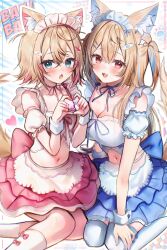 2girls absurdres alternate_costume animal_ear_fluff animal_ears bandaid bandaid_hair_ornament blonde_hair blue_eyes blue_hair blue_ribbon blue_skirt blue_thighhighs breasts cleavage commentary detached_sleeves dog_ears dog_girl dog_tail fuwawa_abyssgard hair_between_eyes hair_ornament heart heart_hands highres hololive hololive_english large_breasts layered_skirt long_hair maid_headdress maru_ccy midriff mococo_abyssgard multicolored_hair multiple_girls neck_ribbon paw_print pink_hair pink_ribbon pink_skirt puffy_short_sleeves puffy_sleeves red_eyes ribbon short_hair short_sleeves siblings sisters skirt streaked_hair tail thighhighs twins two_side_up virtual_youtuber white_headdress x_hair_ornament
