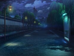 artist_request bush city cloud cobblestone game_cg magia_record:_mahou_shoujo_madoka_magica_gaiden mahou_shoujo_madoka_magica night night_sky no_humans official_art outdoors path road scenery shade sky willow