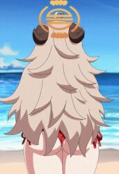 1girl ahoge animated animated_gif ass beach belly bikini blue_archive blue_sky bouncing_belly bouncing_breasts breasts cleavage cloud collarbone cowboy_shot day drooling female_focus front-tie_bikini_top front-tie_top goat_girl goat_horns halo happy horns huge_breasts izumi_(blue_archive) kagarimachi_konatsu light_brown_hair long_hair looking_at_viewer mouth_drool ocean outdoors plump red_bikini side-tie_bikini_bottom sky smile solo standing swimsuit turning_back underboob w_arms yellow_eyes