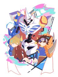 Rule 34 | 3boys, absurdres, blonde hair, blue eyes, brown eyes, brown hair, commentary request, cowboy shot, digimon, digimon (creature), digimon adventure, digimon adventure: bokura no war game, group picture, highres, horns, ishida yamato, male focus, mecha, medium hair, megane mochi, multiple boys, omegamon, robot, white background, yagami taichi