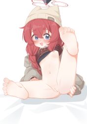 1girl :d absurdres anus beanie black_bra blue_archive blue_eyes blush bottomless bra bra_lift braid chinese_commentary cleft_of_venus clothes_lift full_body glyphsss grey_jacket halo hat highres jacket large_variant_set leg_up loli long_hair long_sleeves maki_(blue_archive) maki_(camp)_(blue_archive) navel open_mouth pussy red_hair red_halo red_sweater smile solo sweater sweater_lift uncensored underwear variant_set