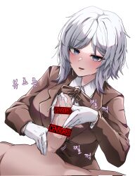brown_jacket brown_ribbon censored chanwoo faust_(project_moon) gloved_handjob gloves hair_between_eyes handjob highres jacket limbus_company looking_at_viewer novelty_censor official_alternate_costume project_moon ribbon shirt simple_background white_background white_gloves white_hair white_shirt