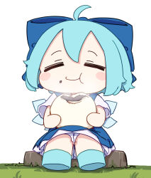 1girl absurdres ahoge blue_bow blue_dress blue_hair blue_shoes blush_stickers bow cirno closed_eyes closed_mouth collared_shirt dorayaki dress eating fairy food hair_bow highres holding holding_food ice ice_wings kame_(kamepan44231) shirt shoes short_hair short_sleeves simple_background solo steamed_bun touhou wagashi white_background white_shirt wings