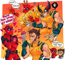 2boys absurdres anger_vein angry belt bodysuit brown_hair claw_(weapon) claws commentary deadpool deadpool_&amp;_wolverine deadpool_(series) english_commentary english_text facial_hair gloves heart highres male_focus marvel marvel_cinematic_universe mature_male multiple_boys muscular muscular_male red_bodysuit red_mask short_hair speech_bubble superhero_costume teeth torn_clothes torn_sleeves two-tone_bodysuit weapon wizaria wolverine_(x-men) yaoi yellow_bodysuit