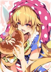 1girl absurdres american_flag american_flag_dress bad_anatomy bad_neck blonde_hair blush burger clownpiece dress fairy fairy_wings food hair_between_eyes hat highres holding holding_food jester_cap long_hair open_mouth pink_hat polka_dot polka_dot_headwear red_eyes sakurame sharp_teeth solo striped_clothes striped_dress teeth touhou upper_body wings
