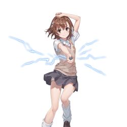 Rule 34 | 1girl, aiming, aiming at viewer, arm up, asymmetrical bangs, brown eyes, brown hair, brown shoes, brown sweater vest, closed mouth, coin, collared shirt, electricity, electrokinesis, grey skirt, hair ornament, hairpin, holding, holding coin, loafers, loose socks, miniskirt, misaka mikoto, official art, pleated skirt, ragnador, railgun (misaka mikoto), school emblem, school uniform, shirt, shoes, short hair, short sleeves, shorts, shorts under skirt, skirt, smile, socks, solo, summer uniform, sweater vest, toaru kagaku no railgun, toaru majutsu no index, tokiwadai school uniform, v-neck, white background, white shirt, white socks