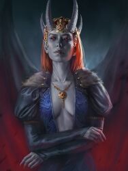 1girl absurdres baldur&#039;s_gate baldur&#039;s_gate_3 bella_bergolts breasts cleavage demon_girl dungeons_&amp;_dragons dungeons_&amp;_dragons highres horns looking_at_viewer medium_breasts mizora_(baldur&#039;s_gate) orange_hair red_eyes solo upper_body