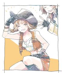 1boy 1girl adjusting_clothes adjusting_headwear alternate_costume arm_up black_footwear black_gloves black_hat black_pants boots border bracelet brown_coat brown_hair coat cosplay cowboy_hat cowgirl_(western) crop_top cropped_vest final_fantasy final_fantasy_viii fingerless_gloves fur-trimmed_coat fur_trim gloves grin hair_over_shoulder happy hat irvine_kinneas jewelry leather_skirt leather_vest long_hair medium_hair michibata_65 miniskirt one_eye_closed pants ponytail selphie_tilmitt shirt skirt smile tifa_lockhart tifa_lockhart_(cosplay) vest wavy_hair white_shirt