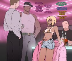 1girl 3boys animal_print aurora_(yblndr) baseball_cap beard_stubble bikini bikini_tan bikini_under_clothes black_choker black_mask blonde_hair blue_pants bottle breasts brown_bikini brown_hair choker commentary cup dark-skinned_male dark_skin denim ear_piercing earclip earrings english_text faceless faceless_male facial_hair glass glasses goatee hand_in_pocket hand_on_own_hip hat headband highres holding holding_cup hoop_earrings jeans jewelry leopard_print mask_pull multicolored_hair multiple_boys navel navel_piercing open_mouth original pants piercing pink-framed_eyewear pink_hair pubic_tattoo roots_(hair) short_hair short_shorts shorts side-tie_bikini_bottom small_breasts smile stubble swimsuit table tan tank_top tanline tattoo torn_clothes torn_shorts two-tone_hair white_headband white_tank_top yblndr