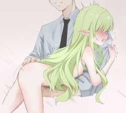 1boy 1girl ^^^ arm_hug ass black_necktie blue_archive blush clothed_male_nude_female clothes_grab commentary completely_nude drooling ear_blush faceless faceless_female faceless_male fingering flat_chest green_hair hand_on_another&#039;s_ass head_out_of_frame heavy_breathing hetero highres hikari_(blue_archive) loli long_hair mer_lynn necktie nipples no_halo no_tail nude open_mouth pointy_ears pussy_juice saliva shirt shirt_grab sidelocks simple_background trembling very_long_hair white_shirt wing_collar
