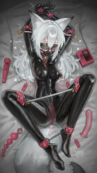 1girl absurdres anal_beads animal_ear_fluff animal_ears black_blindfold blindfold blue_eyes bodysuit breasts collar commentary cuffs dildo dildo_gag egg_vibrator english_commentary fox_ears fox_girl fox_tail gag gagged green_eyes heterochromia highres hitachi_magic_wand impossible_bodysuit impossible_clothes large_variant_set latex latex_bodysuit leotard lock lockbox long_hair looking_at_viewer medium_breasts object_insertion open_mouth original panel_gag restrained saaal653 saliva saliva_trail sex_toy shackles skin_tight spread_legs spreader_bar tail vaginal vaginal_object_insertion variant_set very_long_hair vibrator x-ray