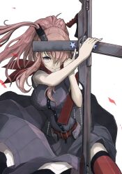 Rule 34 | 1girl, belt, black dress, boushi-ya, breasts, dress, flight deck, grey eyes, high side ponytail, holding, holding weapon, kantai collection, large breasts, light brown hair, looking at viewer, medium breasts, ponytail, red belt, red thighhighs, saratoga (kancolle), saratoga mk ii (kancolle), smokestack hair ornament, solo, star (symbol), thighhighs, weapon, white background