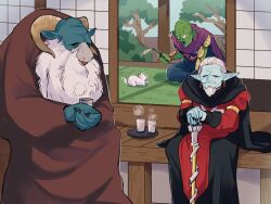 Rule 34 | 3boys, animal ears, antennae, architecture, armlet, beard, black cape, black nails, black trim, blue robe, blue skin, brown robe, cane, cape, cat, closed eyes, colored skin, commentary request, cup, d norainu b, demon boy, dragon ball, dragon ball (classic), dragon ball heroes, dragon ball super, earrings, east asian architecture, facial hair, fang, goat boy, goat ears, goat horns, goatee, gold armlet, green skin, hair slicked back, holding, holding cane, holding cat teaser, holding cup, horns, in-franchise crossover, jewelry, juliet sleeves, long beard, long sleeves, male focus, mechikabura, moro (dragon ball), multiple boys, namekian, old, old man, open mouth, piccolo daimaou, pointy ears, potara earrings, puffy sleeves, purple cape, red robe, robe, sitting, sleeveless robe, steam, tatami, trait connection, tree, white facial hair, white hair, wrinkled skin