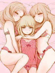 Rule 34 | 1boy, 2girls, arms around neck, babydoll, blonde hair, blue eyes, blunt bangs, blush, bra, brown hair, crossdressing, height difference, lace, lace-trimmed bra, lace-trimmed panties, lace trim, leg up, lingerie, long hair, looking at another, lying, multiple girls, on back, on bed, on side, original, panties, pink theme, ribbon, see-through clothes, seira (yuki touko), small sweatdrop, smile, trap, unamused, underwear, yuki touko