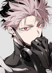 Rule 34 | 1boy, black gloves, black hair, bodysuit, bright pupils, commentary request, covered mouth, cross-shaped pupils, dlckrpwjd111, forehead, gloves, grey background, hair slicked back, hand up, kaijuu no. 8, korean commentary, looking at viewer, male focus, mask, mask pull, messy hair, multicolored hair, narumi gen, pink hair, portrait, red eyes, respirator, short hair, simple background, solo, sweatdrop, symbol-shaped pupils, tsurime, two-tone hair, very short hair