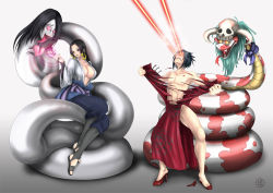 1boy 1girl angry aqua_hair beam black_hair blue_eyes boa_hancock bow breasts bururururu cleavage colored_sclera cosplay costume_switch crossdressing crossover earrings eye_beam fangs forked_tongue green_hair happy heart heart-shaped_eyes high_heels horns jewelry large_breasts laser long_hair naruto naruto_(series) one_piece open_mouth orochimaru_(naruto) parody salome_(one_piece) self_clothes_tearing shoes shounen_jump side_slit skull smile snake symbol-shaped_pupils tearing_clothes tongue torn_clothes uchiha_sasuke yellow_sclera