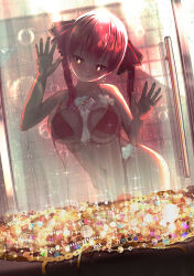 1girl :q against_glass bhoodies bikini breast_press breasts bubble closed_mouth earrings gem glass_door gold hands_up heart heart_earrings heart_necklace highres hololive houshou_marine houshou_marine_(summer) jewelry large_breasts looking_at_object looking_down navel necklace open_clothes open_hands red_bikini red_eyes red_hair shower_(place) shower_head smile solo sparkling_eyes stomach swimsuit thigh_strap tile_wall tiles tongue tongue_out treasure untied_bikini variant_set virtual_youtuber wet