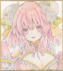 1girl alternate_costume between_breasts blush bow bowtie breasts bun_cover cleavage clothing_cutout commentary double_bun dress flower hair_bun hair_flower hair_ornament ibaraki_kasen large_breasts lily_k_oekaki long_hair long_sleeves looking_at_viewer open_mouth painting_(medium) pink_bow pink_bowtie pink_dress pink_eyes pink_hair rose shikishi shoulder_cutout smile solo touhou traditional_media watercolor_(medium) white_flower white_rose