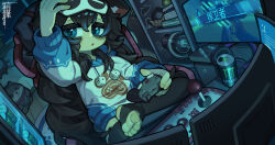 1girl :o animal_ear_fluff animal_ears bags_under_eyes black_hair black_thighhighs blue_eyes blue_hair blue_hoodie can cat_ears cat_girl commentary_request controller drink_can feet game_controller hand_on_own_head holding holding_controller holding_game_controller hood hood_down hoodie indoors joystick kotoba_(1074421015) long_hair long_sleeves looking_at_viewer mask mask_on_head monitor monster_energy multicolored_hair on_chair open_mouth original playing_games sitting sleep_mask solo stirrup_legwear streaked_hair thighhighs toeless_legwear toes two-tone_hair two-tone_hoodie very_long_hair white_hoodie