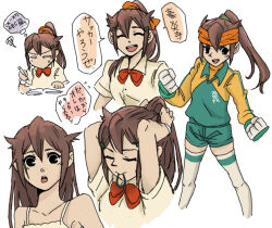 1girl bow bowtie brown_eyes brown_hair commentary_request dress endou_mamoru genderswap genderswap_(mtf) gloves goalkeeper hair_ribbon headband inazuma_eleven_(series) long_hair multiple_views open_mouth orange_ribbon ponytail raimon raimon_school_uniform ribbon school_uniform shorts skirt smile soccer_uniform spaghetti_strap speech_bubble sportswear tannma thighhighs translation_request tying_hair