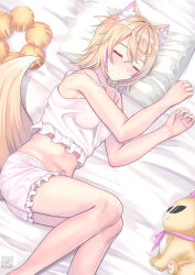 Rule 34 | 1girl, alternate costume, animal ear fluff, animal ears, bare arms, bare legs, bare shoulders, bloomers, blush, breasts, closed eyes, closed mouth, collarbone, dog ears, dog girl, dog tail, feet out of frame, highres, hololive, hololive english, lying, medium breasts, mococo abyssgard, multicolored hair, naryuu (like-af), navel, on bed, on side, pillow, pink eyes, pink nails, qr code, short hair, sleeping, solo, stomach, stuffed animal, stuffed toy, tail, underwear, virtual youtuber