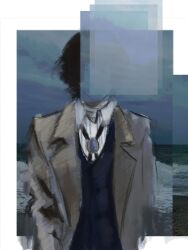 Rule 34 | 1boy, beach, black vest, border, brooch, bungou stray dogs, censored, censored identity, coat, collared shirt, dazai osamu (bungou stray dogs), faceless, facing viewer, highres, jewelry, kusaikdd, male focus, muted color, outside border, popped collar, shirt, solo, trench coat, upper body, vest, white border, white shirt, yellow coat