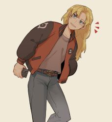 1girl amphibia belt blonde_hair blue_eyes bomber_jacket brown_shirt casual cowboy_shot facial_scar grin hand_in_pocket highres jacket long_hair looking_to_the_side mole mole_under_eye open_clothes open_jacket pants parted_bangs s0batastic sasha_waybright scar scar_on_cheek scar_on_face shirt simple_background smile standing teeth