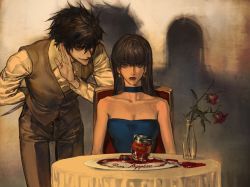 1boy 1girl bags_under_eyes beyond_birthday black_eyes black_hair black_shirt blood blue_collar blue_dress collar death_note dress evil_grin evil_smile flower fork formal_clothes grin highres holding holding_behind_back holding_knife holding_knife_behind_back horror_(theme) jam knife lipstick long_hair long_sleeves makeup misora_naomi mvrl plate red_eyes red_lips rose shirt short_hair smile smirk smug strawberry_jam suit vest