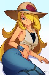 1girl absurdres artist_name bare_shoulders blonde_hair breasts closed_mouth collarbone cynthia_(pokemon) hair_over_one_eye hat highres long_hair looking_at_viewer medium_breasts nintendo pokemon pokemon_dppt smgold smile solo sun_hat very_long_hair wristband