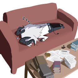 1girl black_gloves black_horns black_pants black_shoes black_tail book book_stack chibi chibi_only commentary couch cryne curled_horns demon_tail desk english_commentary gloves hand_up highres horns long_hair lying on_couch on_stomach pants paper_stack shirt shoes sleeping solo tail white_shirt wuthering_waves zani_(wuthering_waves) zzz