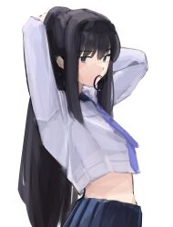 1girl absurdres adjusting_hair arms_behind_head arms_up black_hair black_hairband blue_eyes blue_skirt breasts deko_morii hairband highres long_hair long_sleeves looking_at_viewer midriff necktie ponytail shirt skirt small_breasts solo tohno_akiha tsukihime tying_hair white_shirt