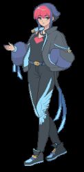 Rule 34 | 1girl, animated, animated gif, belt, black jacket, black pants, black tank top, blue belt, blue hair, breasts, commentary, full body, highres, jacket, jewelry, looping animation, medium breasts, mimpish, multicolored hair, necklace, original, pants, pixel art, red hair, shoes, short hair with long locks, sidelocks, sneakers, solo, tank top, two-tone hair, zipper pull tab