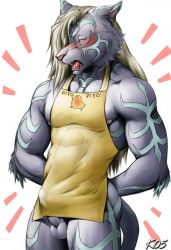 00s 1boy 2005 animal_ears apron byakko_no_rangetsu furry furry_male karabiner male_focus naked_apron onmyou_taisenki penis solo tail yellow_eyes