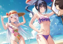 1boy 2girls artist_request bikini copyright_request multiple_girls smile swimsuit tagme