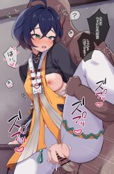 1boy 1girl ? absurdres ahoge arm_support belle_(delicate_sunlight)_(zenless_zone_zero) belle_(zenless_zone_zero) black_shirt blue_hair breasts chinese_clothes clothed_sex commentary_request crossed_bangs dark-skinned_male dark_skin green_eyes hair_between_eyes hair_ornament heart heart-shaped_pupils hetero highres leg_up letter_hair_ornament light_blush long_sleeves maruichi_pepeto nipples official_alternate_costume open_mouth pantyhose penis pussy_juice sex shirt short_hair standing standing_sex symbol-shaped_pupils torn_clothes torn_pantyhose vaginal white_pantyhose zenless_zone_zero