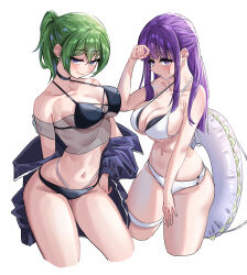 2girls absurdres bikini black_bikini black_choker black_jacket breasts choker cleavage commentary_request cropped_legs double_bikini fern_(sousou_no_frieren) green_hair highres jacket large_breasts long_hair looking_at_viewer multiple_girls navel ponytail purple_eyes purple_hair short_hair simple_background sousou_no_frieren stomach swimsuit thigh_strap thighs ubel_(sousou_no_frieren) uyufuzi_s white_background white_bikini white_innertube