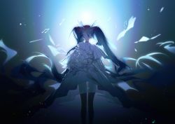 1girl absurdly_long_hair alternate_costume backlighting beamed_sixteenth_notes black_pantyhose blue_choker blue_hair bow choker closed_eyes closed_mouth dress eighth_note facing_viewer feet_out_of_frame female_focus hair_between_eyes hatsune_miku highres layered_dress long_hair long_sleeves musical_note pantyhose see-through_clothes sixteenth_note smile solo standing twintails very_long_hair vocaloid white_bow white_dress yyb