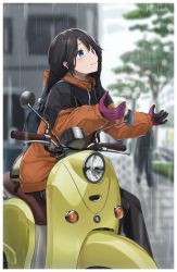 1girl black_hair black_pants blue_eyes blurry blurry_background closed_mouth coat commentary depth_of_field gloves highres idolmaster idolmaster_shiny_colors long_hair looking_to_the_side mitsumine_yuika motor_vehicle noeru on_vehicle orange_coat outdoors pants purple_gloves rain scooter sitting smile solo vespa