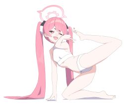 1girl blue_archive blush_stickers breasts dot_nose fang flexible full_body halo hand_up head_tilt heart highres koyuki_(blue_archive) leg_up looking_at_viewer midriff navel nnn051821 one_eye_closed open_mouth panties pink_eyes pink_hair short_eyebrows simple_background skin_fang small_breasts smug solo sports_bra star-shaped_pupils star_(symbol) symbol-shaped_pupils thighs twintails underwear underwear_only v white_background white_panties white_sports_bra yoga