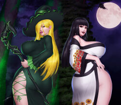 2girls abremson absurdres ass ass_peek black_hair blonde_hair breasts brown_eyes cleavage cleavage_cutout clothing_cutout curvy dark_mage_(monster_girl_encyclopedia) forest full_moon green_eyes hat highres huge_ass huge_breasts impossible_clothes japanese_clothes kimono large_breasts lilim_(monster_girl_encyclopedia) long_hair looking_at_viewer looking_back monster_girl monster_girl_encyclopedia monster_girl_encyclopedia_ii moon multiple_girls nature naughty_face night original pale_skin revealing_clothes robe seductive_smile skin_tight smile staff_(weapon) thick_thighs thigh_cutout thighs tree underbutt variant_set wide_hips wizard_hat