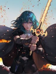 1girl armor black_armor black_cape black_shorts blue_hair brown_pantyhose cape female_byleth_(fire_emblem) fire_emblem fire_emblem:_three_houses floating_hair hair_between_eyes highres holding holding_sword holding_weapon lips long_hair looking_at_viewer nintendo outdoors pantyhose parted_lips pink_lips purple_eyes shorts solo sword sword_of_the_creator weapon wrainbow13