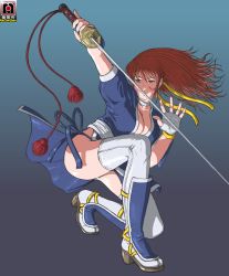 breasts brown_eyes brown_hair choker cleavage dead_or_alive elbow_gloves fingerless_gloves gloves high_heels kasumi katana long_hair mugensaku ninja orange_hair panties sandals shoes side-tie_panties simple_background solo squatting sword thighhighs thighs underwear weapon white_legwear