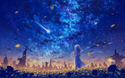 1girl au_ito bare_arms blurry blurry_foreground bouquet cloud comet commentary_request depth_of_field dress dress_ribbon dusk falling_petals field floating_clothes floating_hair flower flower_field from_behind gradient_sky highres holding holding_bouquet holding_flower long_hair milky_way night night_sky original petals post-apocalypse ribbon ruins scenery sky sky_focus sleeveless sleeveless_dress solo star_(sky) starry_sky straight_hair white_dress white_hair white_ribbon wide_shot wind yellow_flower
