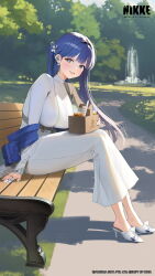 1girl arcana_(nikke) bench blue_hair blue_nails bracelet breasts claws commentary copyright_name copyright_notice cropped day disposable_cup_holder dress earrings english_commentary english_text flower_hairpin fountain goddess_of_victory:_nikke grass grey_eyes hair_intakes high_heels highres holding_disposable_cup_holder jewelry large_breasts long_hair long_sleeves looking_at_viewer nail_polish official_art on_bench outdoors park park_bench shoes sitting smile solo tree turtleneck turtleneck_dress watermark white_dress white_shoes wooden_bench